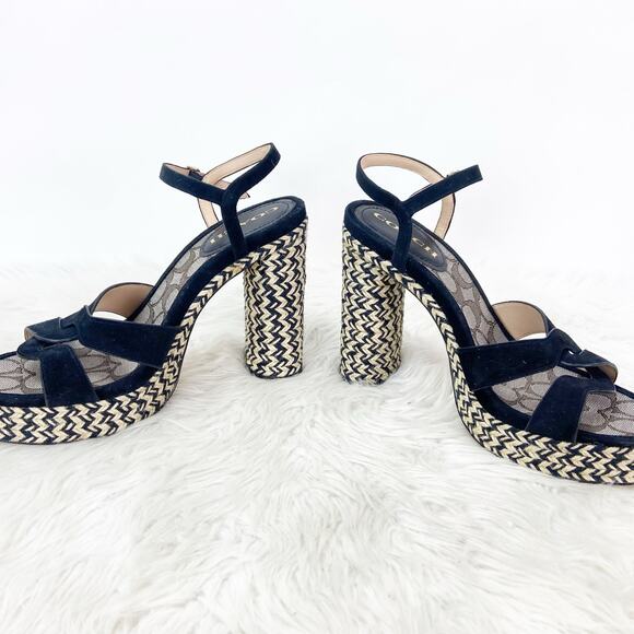 Coach 9.5 Women Black Suede Ankle Strap Block Heel Raffia Platform Talina Sandal - Picture 9 of 13